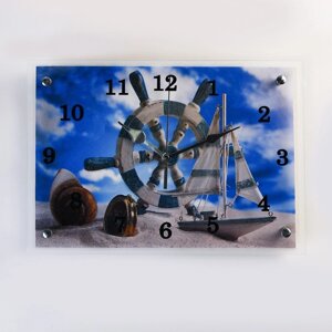Часы-картина настенные, интерьерные "Штурвал и яхта на песке", бесшумные, 25 х 35 см