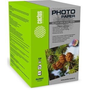 Фотобумага для струйной печати А6, 500 листов Cactus, 230 г/м2, односторонняя, глянцевая