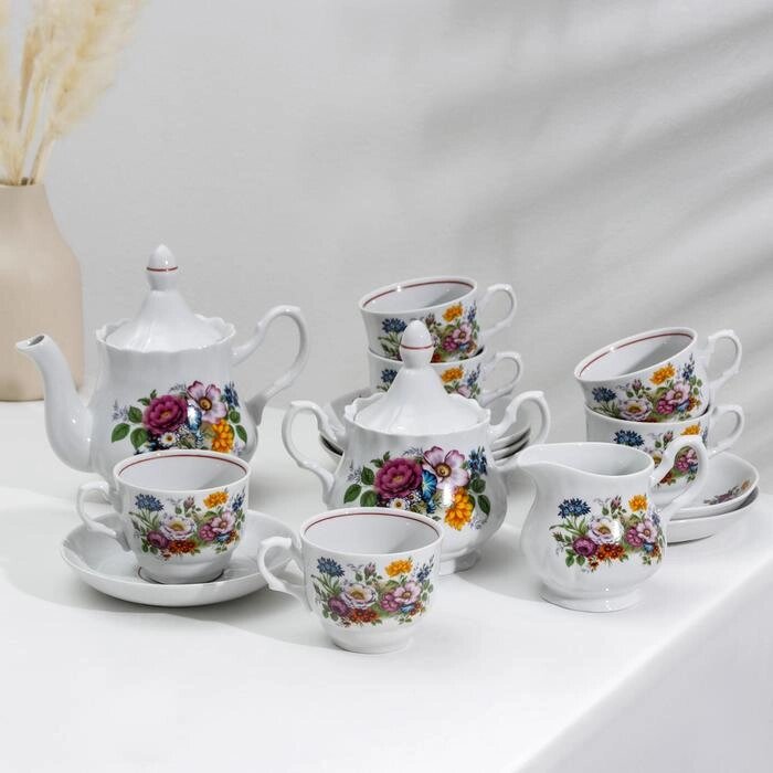 Сервиз чайный фарфоровый «Букет цветов», 15 предметов - опт