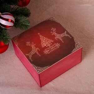 Коробка подарочная "Merry Christmas, c оленями", бордовая, 202010 см