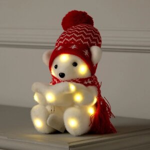 Светодиодная фигура «Медвежонок в шапке» 10 18 10 см, флок, батарейки CR2032х2 (не в комплекте), свечение тёплое белое