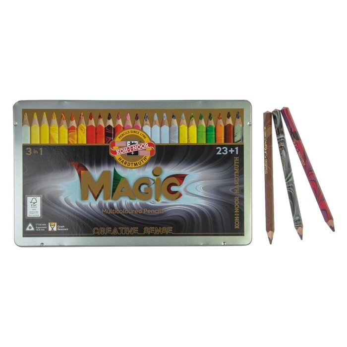 Карандаши 24 цвета Koh-I-Noor 3408 Magic + карандаш-блендер, в металлическом пенале - розница