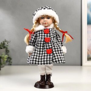 Кукла коллекционная керамика "Злата в пальто в клеточку с красными пуговицами" 30 см