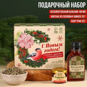 Подарочный набор «Снигирь»: сбор трав 20 г., варенье из сосновых шишек 20 г., безалкогольный бальзам 100 мл.