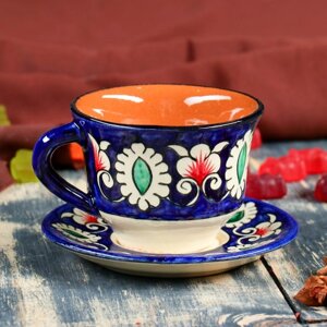 Чайная пара Риштанская Керамика "Цветы", 100 мл, (тарелка 10см, чашка 7,5см), синяя