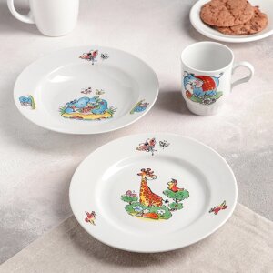 Набор посуды фарфоровой «Зоопарк»», 3 предмета: тарелка d=20 см, салатник d=19,8 см, кружка 200 мл (комплект из 4 шт.)