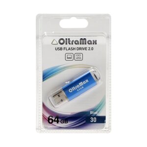 Флешка OltraMax 30, 64 Гб, USB2.0, чт до 15 Мб/с, зап до 8 Мб/с, синяя