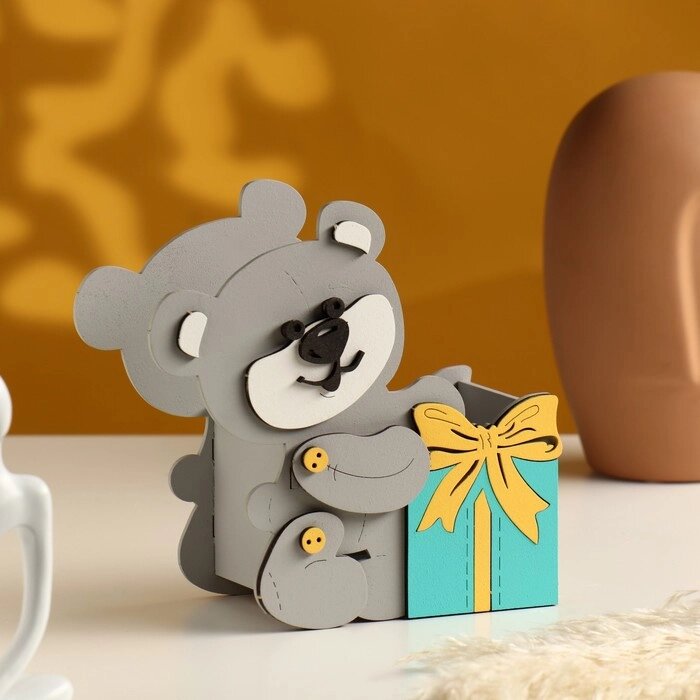 Подарочная упаковка "Мишка с подарком" 17х8х16 см серый пастель-тиффани от компании Интернет - магазин Flap - фото 1