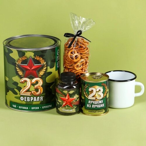Подарочный набор "23 Февраля"чай чёрный 50 г., кружка 350 мл., арахис 100 г., крекеры 70 г.