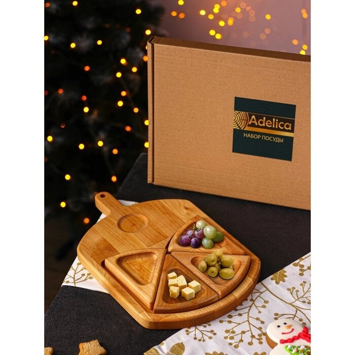 Подарочный набор деревянной посуды Adelica «Сырная мозайка», доска разделочная 3522 см, менажницы 4 шт, 12,59 см, берёза от компании Интернет - магазин Flap - фото 1