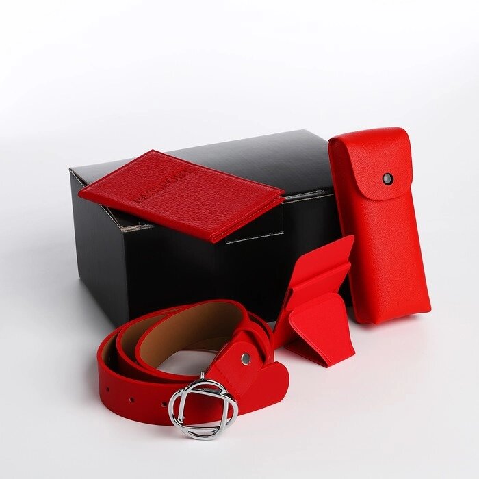 Подарочный набор, ремень с винтом, картхолдер на телефон, обложка для паспорта, футляр для очков, цвет красный от компании Интернет - магазин Flap - фото 1