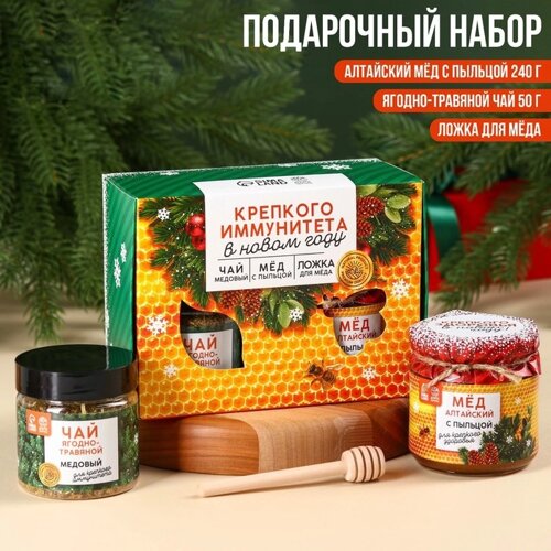Подарочный набор «С новым годом: Крепкого иммунитета»алтайский мёд с пыльцой 240 г., ягодно-травяной чай 50 г., ложка