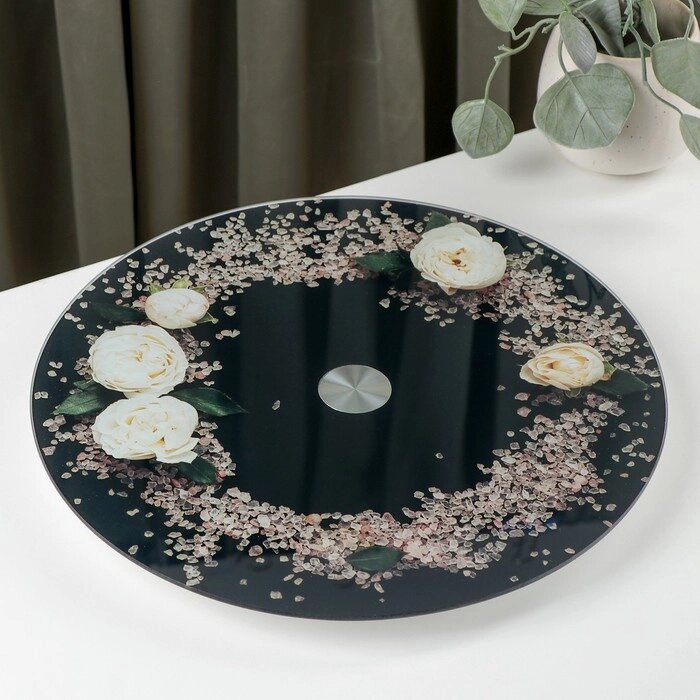 Подставка стеклянная для торта вращающаяся Magistro «Розы на чёрном», d=32 см, цвет чёрный от компании Интернет - магазин Flap - фото 1