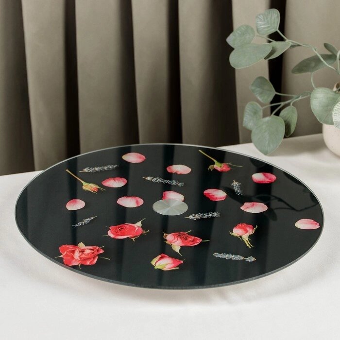 Подставка стеклянная для торта вращающаяся Magistro «Розы на чёрном», d=32 см, цвет чёрный от компании Интернет - магазин Flap - фото 1