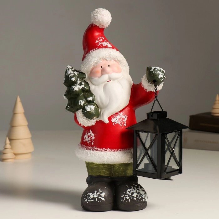 Подсвечник керамика "Дед Мороз в красной шубке, с фонарём и ёлочкой" 15,5х9х30 см от компании Интернет - магазин Flap - фото 1