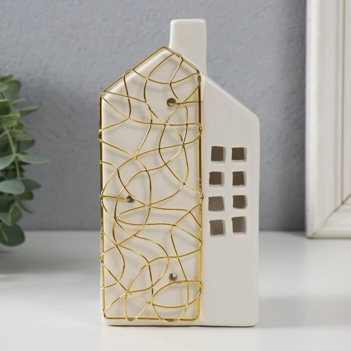 Подсвечник керамика, металл на 1 свечу "Дом" белый с золотом 9х6,3х16,7 см от компании Интернет - магазин Flap - фото 1