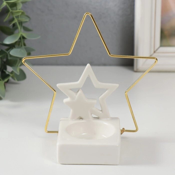 Подсвечник керамика, металл на 1 свечу "Звёзды" белый с золотом 13,4х6,5х13,2 см от компании Интернет - магазин Flap - фото 1