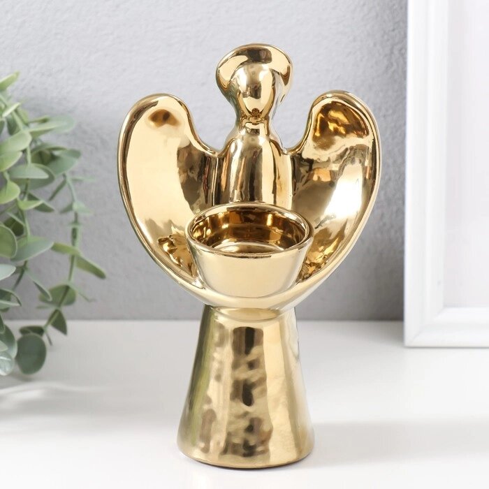 Подсвечник керамика на 1 свечу "Ангел с нимбом" d=4 см золото 11,5х10х18,5 см от компании Интернет - магазин Flap - фото 1