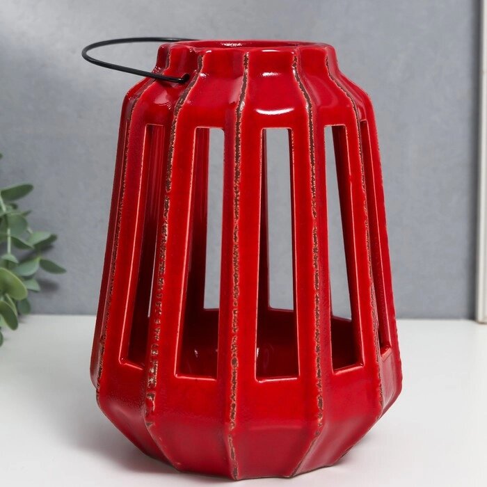 Подсвечник керамика на 1 свечу "Фонарь с вырезами" тёмно-красный 19х14х14 см от компании Интернет - магазин Flap - фото 1