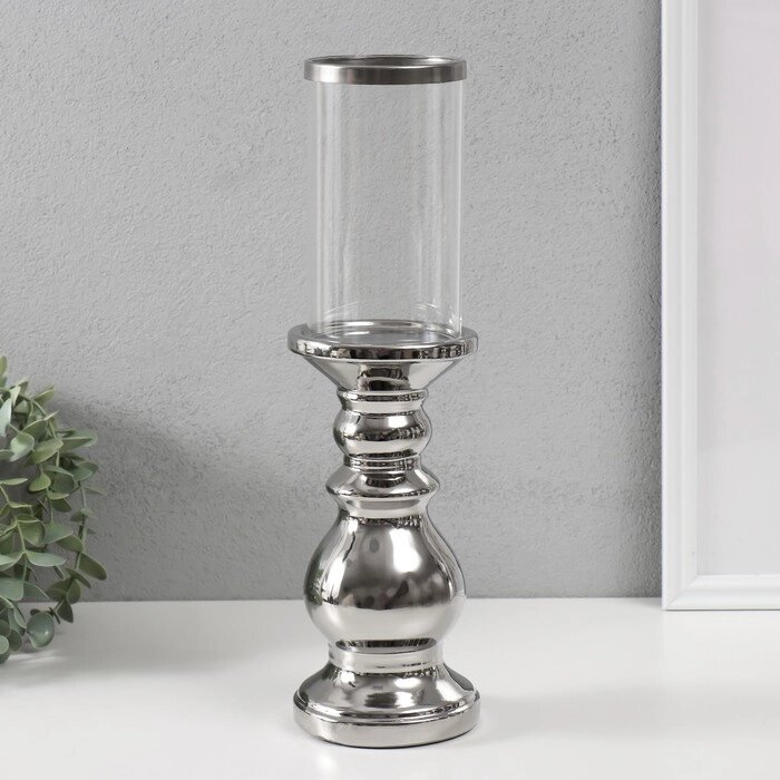 Подсвечник керамика, стекло на 1 свечу "Алберо" d=7,5 см серебро 9,5х9,5х35 см от компании Интернет - магазин Flap - фото 1
