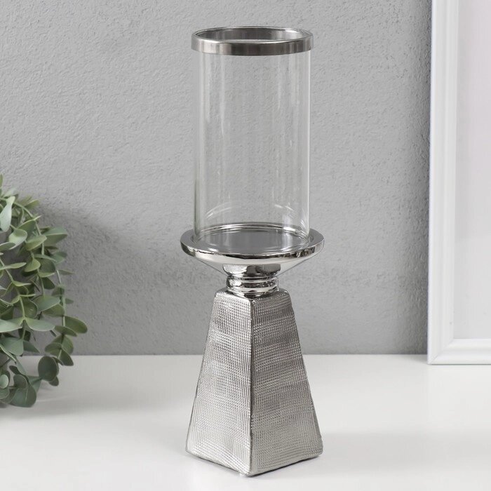 Подсвечник керамика, стекло на 1 свечу "Буэно" d=7,5 см серебро 9,5х9,5х29,5 см от компании Интернет - магазин Flap - фото 1