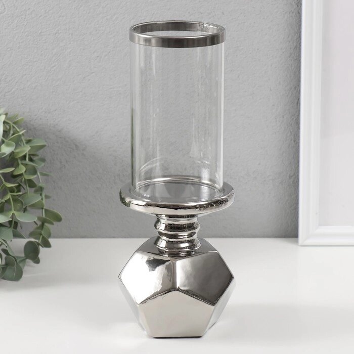 Подсвечник керамика, стекло на 1 свечу "Грани" d=7,5 см серебро 10,5х10,5х27 см от компании Интернет - магазин Flap - фото 1