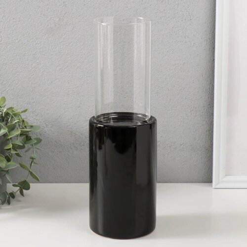 Подсвечник керамика, стекло на 1 свечу "Хром" d=7,5 см чёрный 9,2х9,2х29,5 см