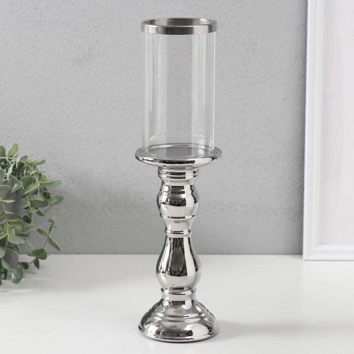 Подсвечник керамика, стекло на 1 свечу "Лира" d=8 см серебро 9,3х9,3х34 см от компании Интернет - магазин Flap - фото 1