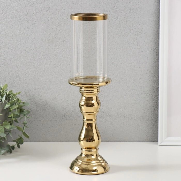 Подсвечник керамика, стекло на 1 свечу "Лира" d=8 см золото 9,3х9,3х34 см от компании Интернет - магазин Flap - фото 1