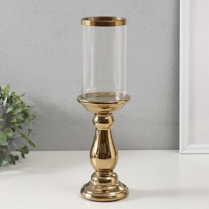 Подсвечник керамика, стекло на 1 свечу "Магистр" d=8 см золото 9,5х9,5х32 см от компании Интернет - магазин Flap - фото 1