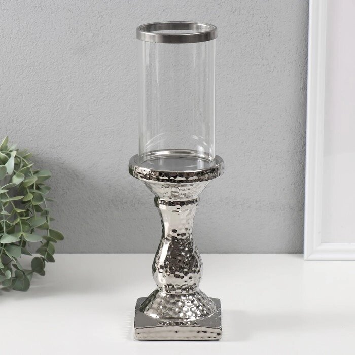 Подсвечник керамика, стекло на 1 свечу "Монти" d=7,5 см серебро 9х9х31,5 см от компании Интернет - магазин Flap - фото 1