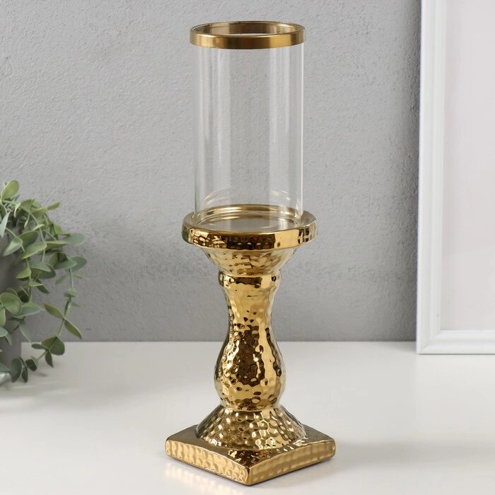 Подсвечник керамика, стекло на 1 свечу "Монти" d=7,5 см золото 9х9х31,5 см от компании Интернет - магазин Flap - фото 1