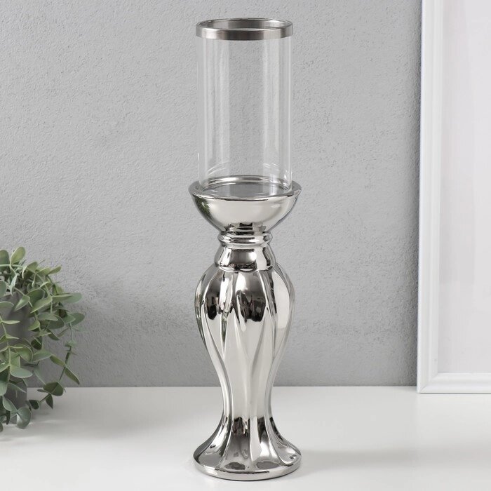 Подсвечник керамика, стекло на 1 свечу "Версаль" d=7,5 см серебро 9,5х9,5х38,5 см от компании Интернет - магазин Flap - фото 1