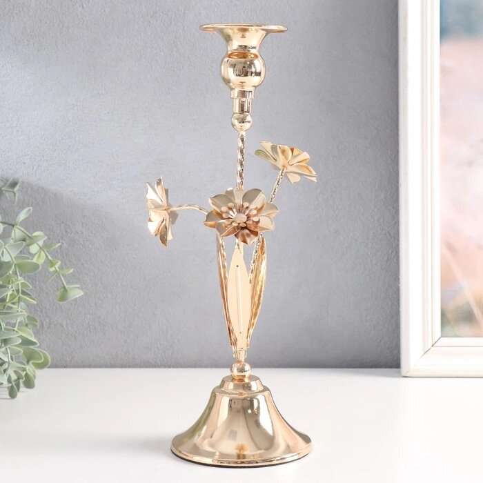 Подсвечник металл на 1 свечу "Три цветка" d-2,5 см золото 10х10х28 см от компании Интернет - магазин Flap - фото 1
