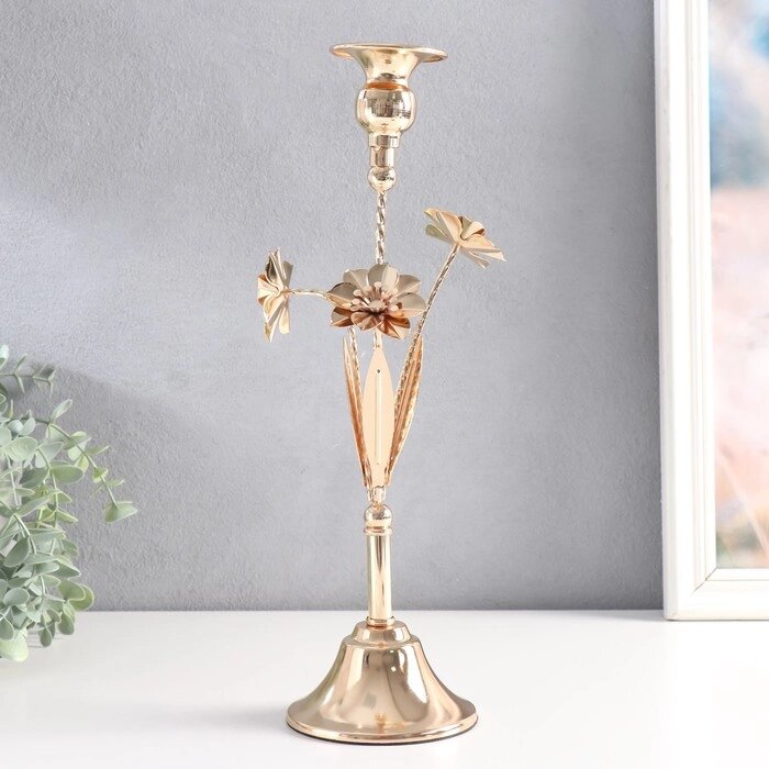 Подсвечник металл на 1 свечу "Три цветка" d-2,5 см золото 10х10х33 см от компании Интернет - магазин Flap - фото 1