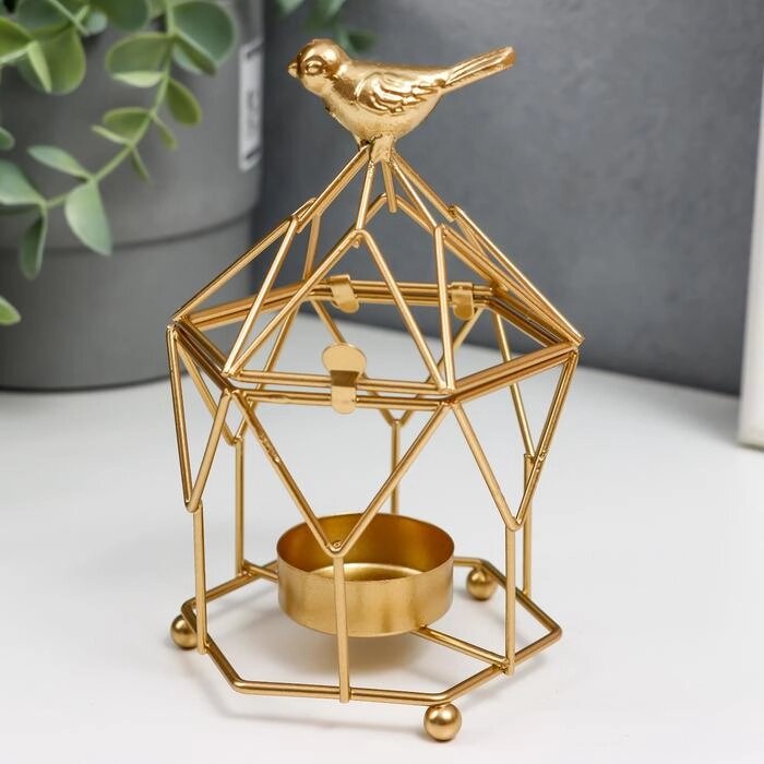 Подсвечник металл на 1 свечу "Золотая клетка-фонарь с птицей" 14х9х9 см от компании Интернет - магазин Flap - фото 1