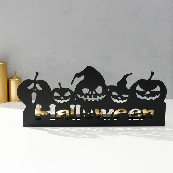 Подсвечник металл на 5 свечи "Хэллоуин. Тыковки" чёрный 14х29,5х6 см от компании Интернет - магазин Flap - фото 1