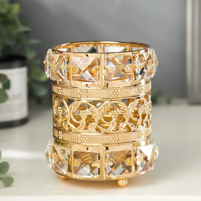Подсвечник металл, стекло на 1 свечу "Кристаллы и цветы" золото 11,5х10х10 см от компании Интернет - магазин Flap - фото 1