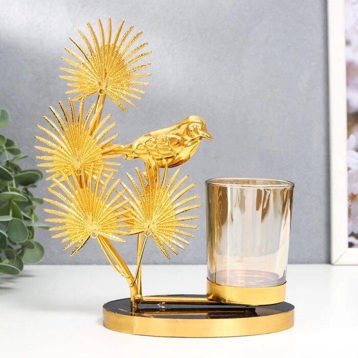 Подсвечник металл, стекло на 1 свечу "Птица на пальме" d-5 см, золото 8х16х19 см от компании Интернет - магазин Flap - фото 1