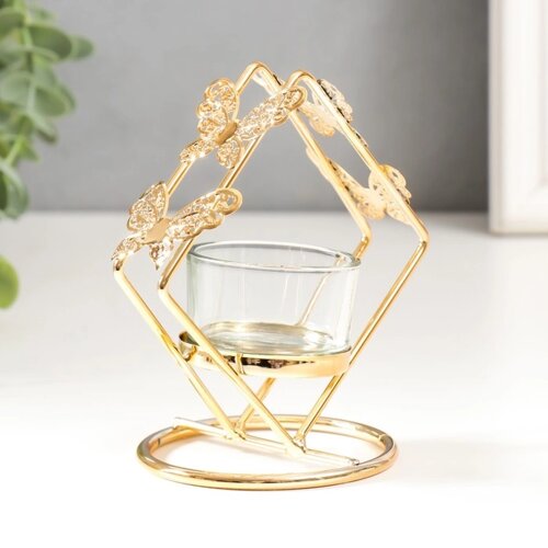 Подсвечник металл, стекло на 1 свечу "Ромб с бабочками" d-4 см золото 7,5х11х11,5 см