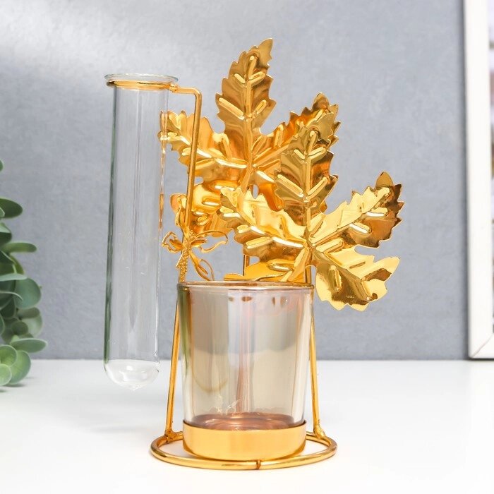 Подсвечник металл, стекло на 1 свечу с вазой "Золотые листья" d-5 см, 7,5х14х18,5 см от компании Интернет - магазин Flap - фото 1