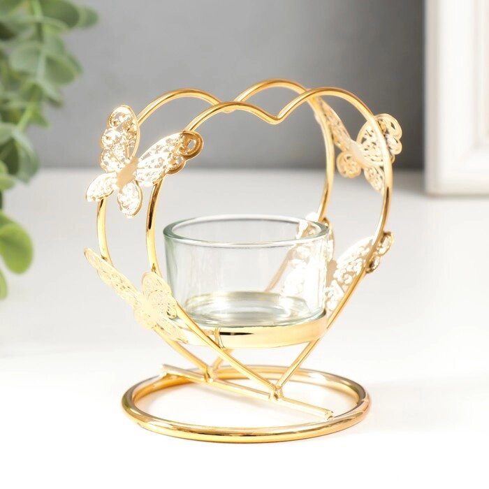 Подсвечник металл, стекло на 1 свечу "Сердце с бабочками" d-4 см золото 7,5х10х10 см от компании Интернет - магазин Flap - фото 1