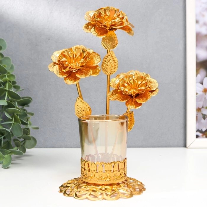 Подсвечник металл, стекло на 1 свечу "Золотые цветы" d-5 см 9,5х13х19 см от компании Интернет - магазин Flap - фото 1