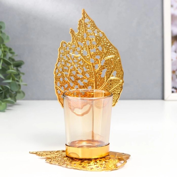 Подсвечник металл, стекло на 1 свечу "Золотые листики" d-5 см 8х12х16,5 см от компании Интернет - магазин Flap - фото 1