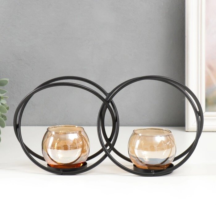 Подсвечник металл, стекло на 2 свечи "Чёрные круги" d-4 см 24х7х12 см от компании Интернет - магазин Flap - фото 1