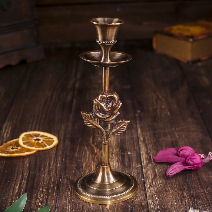 Подсвечник на 1 свечу "Роза" антик, латунь, 19 см от компании Интернет - магазин Flap - фото 1