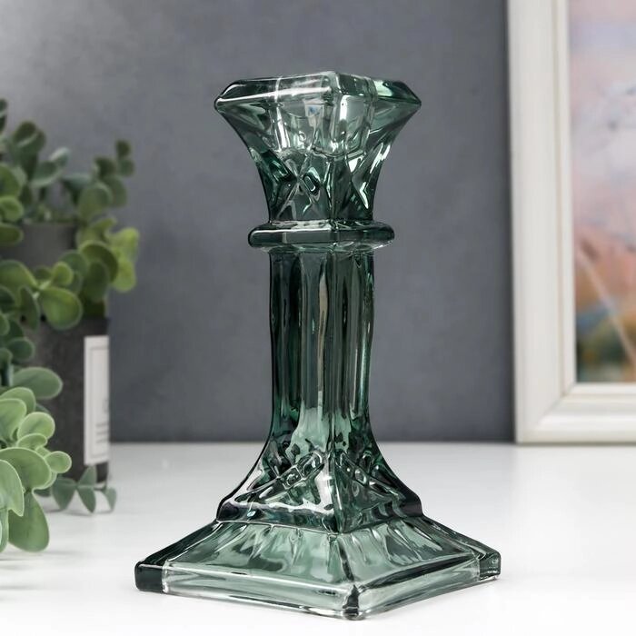 Подсвечник стекло на 1 свечу "Колонна прямоугольная" зелёный прозрачный 16х8,6х8,6 см от компании Интернет - магазин Flap - фото 1