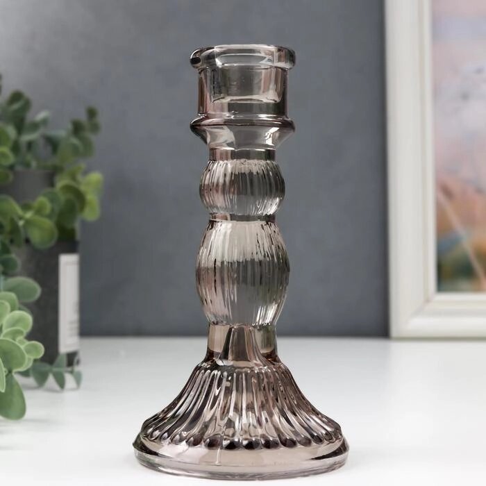 Подсвечник стекло на 1 свечу "Колонна с шарами" серый прозрачный 15,5х8,5х8,5 см от компании Интернет - магазин Flap - фото 1