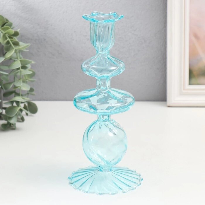 Подсвечник стекло на 1 свечу "Волна" прозрачный голубой 8х8х21 см от компании Интернет - магазин Flap - фото 1