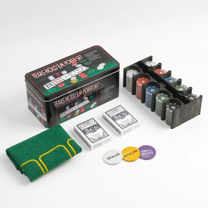 Покер, набор для игры (карты 2 колоды, фишки 200 шт.), с номиналом, 60 х 90 см от компании Интернет - магазин Flap - фото 1